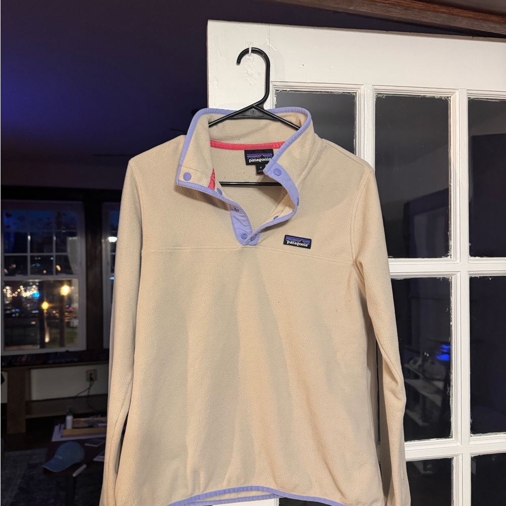 Patagonia Cream Fleece Pullover with Lavender and Pink Trim